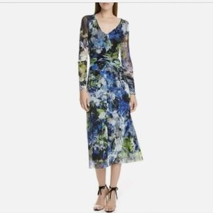 NWT $645 Fuzzi V-Neck Floral Mesh Overlay Midi Dress Nero Sz M
